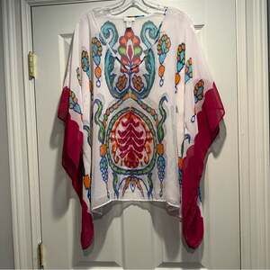 Chico’s White Hot Pink SheerV Neck Summer Poncho Coverup Top Shirt Lightweight